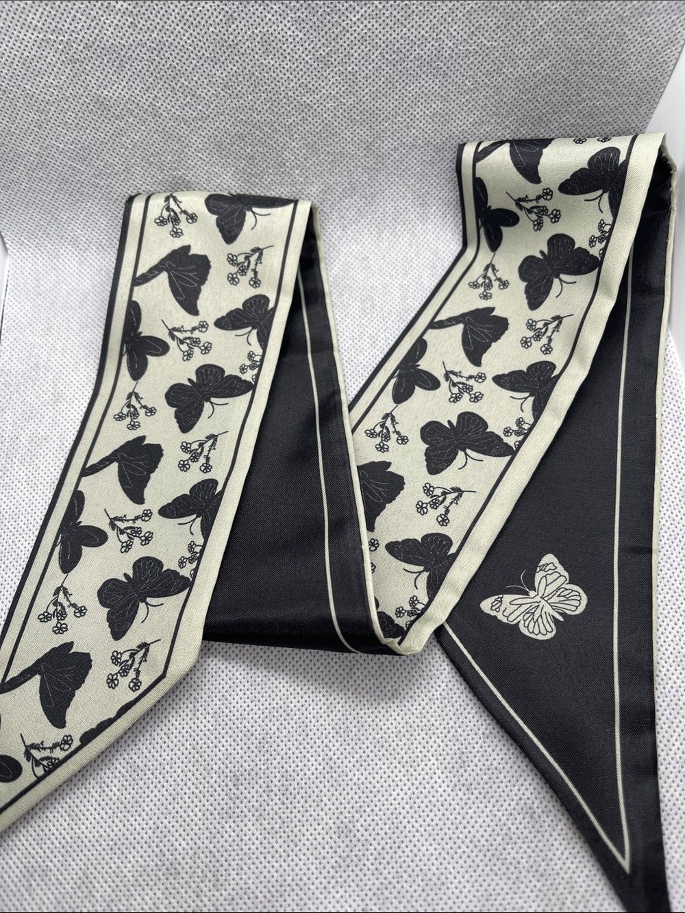 Black & Cream Floral Butterfly Twilly Scarf